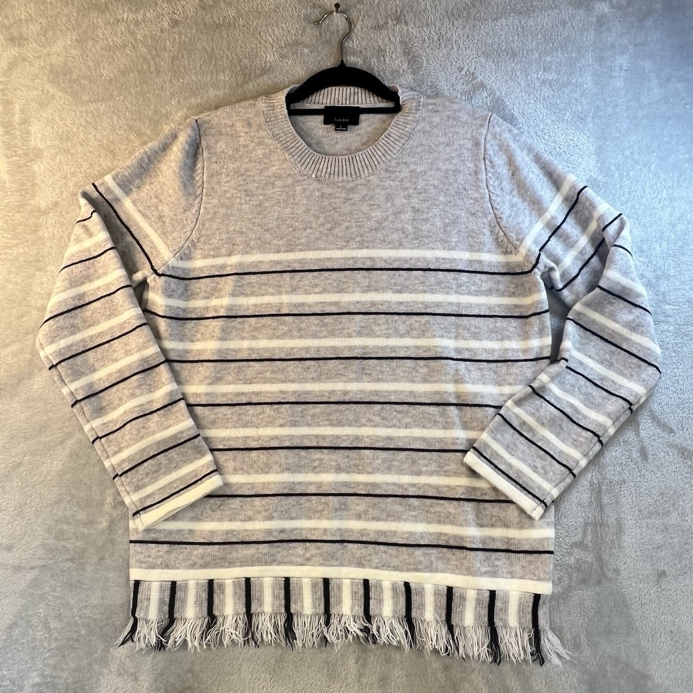 Lumiere L Gray Striped Fringe Hem Crewneck Sweater Boho Coastal Grandma Shabby